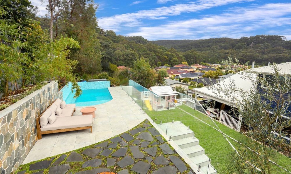 Splash pool, playhouse and patio